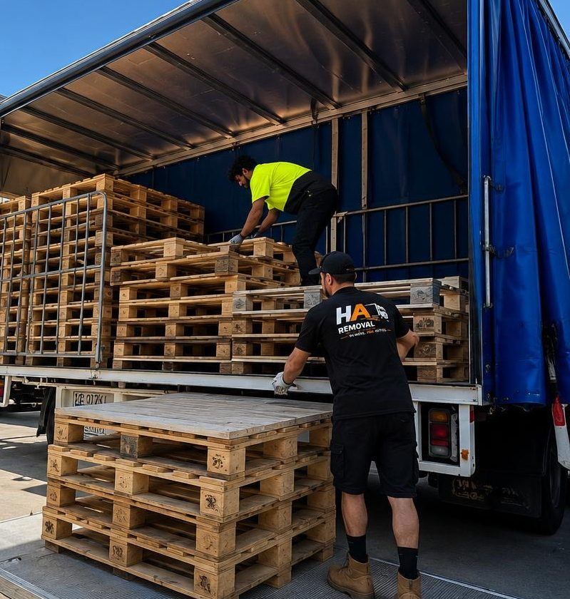Pallets being loaded into a curtain-side truck