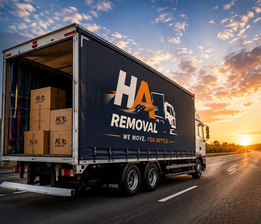 HA Removal truck loaded with boxes on the highway at sunset