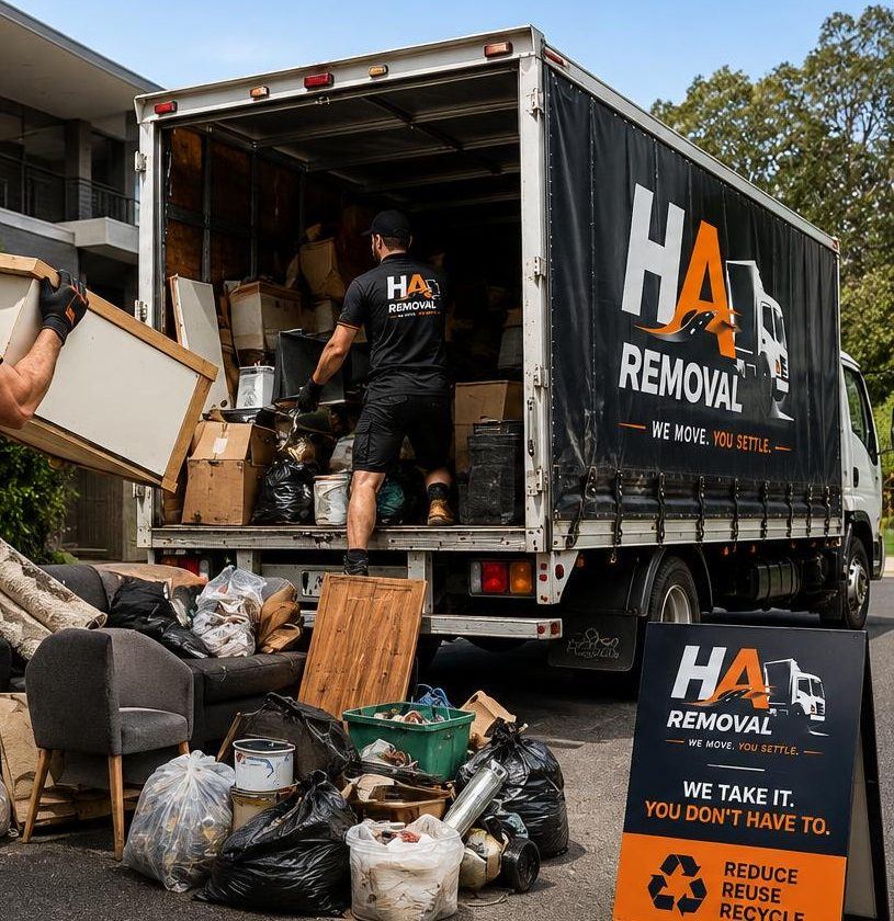 Team loading old furniture and rubbish into a truck